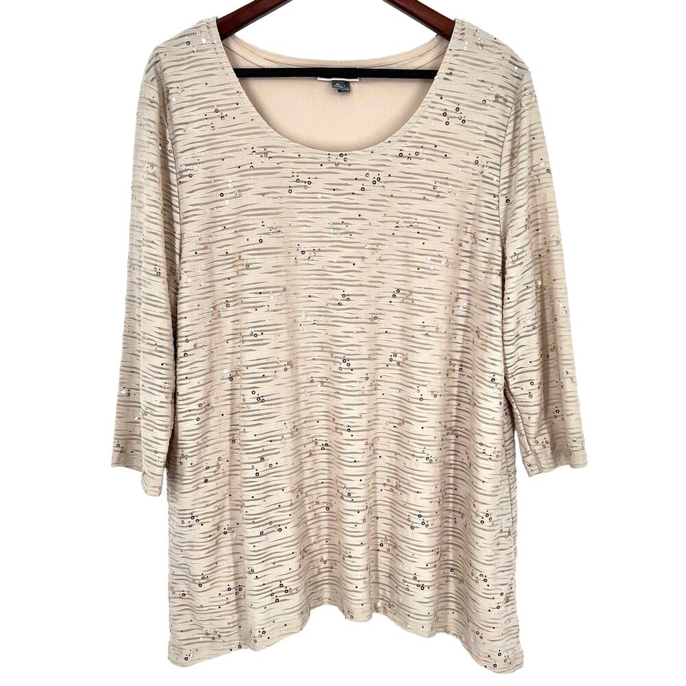JM Collection XL 2-Piece Cream Sparkly Sequin 3/4 Sleeve Formal Blouse Shirt Top